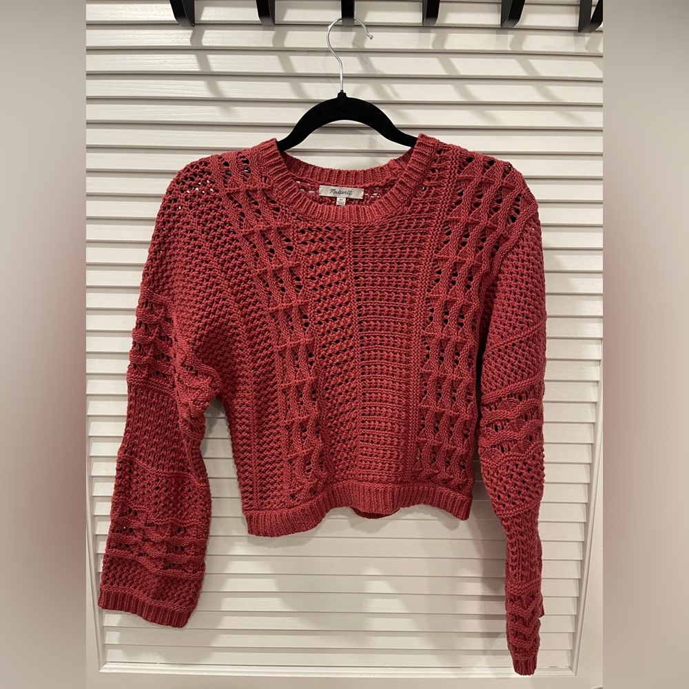 MADEWELL Cotton Crochet-Knit Crop Antique Rose Sweater XSMALL